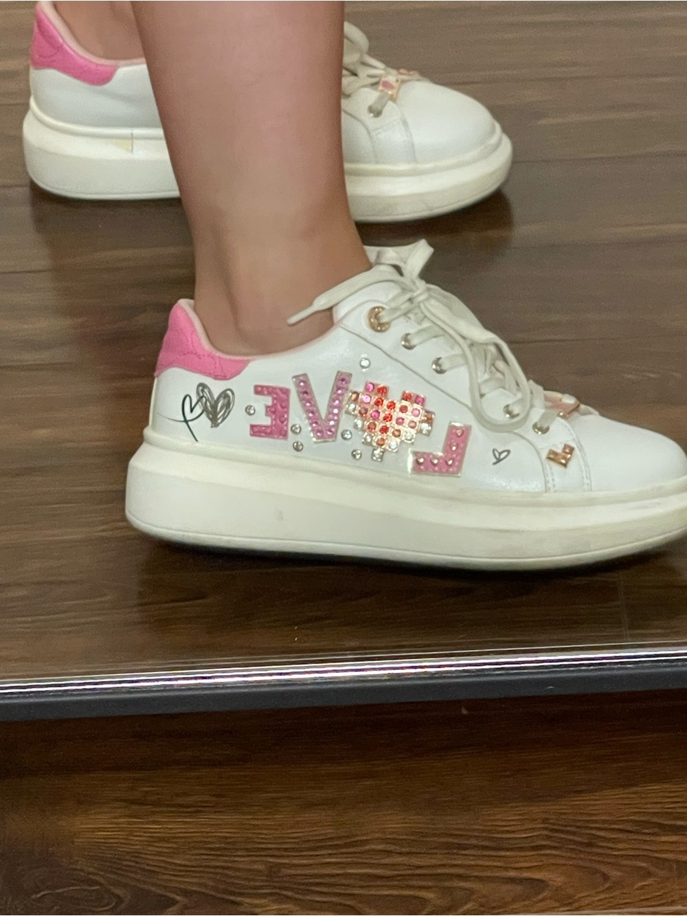 Kids White & Pink 'LOVE' Embellished Sneakers